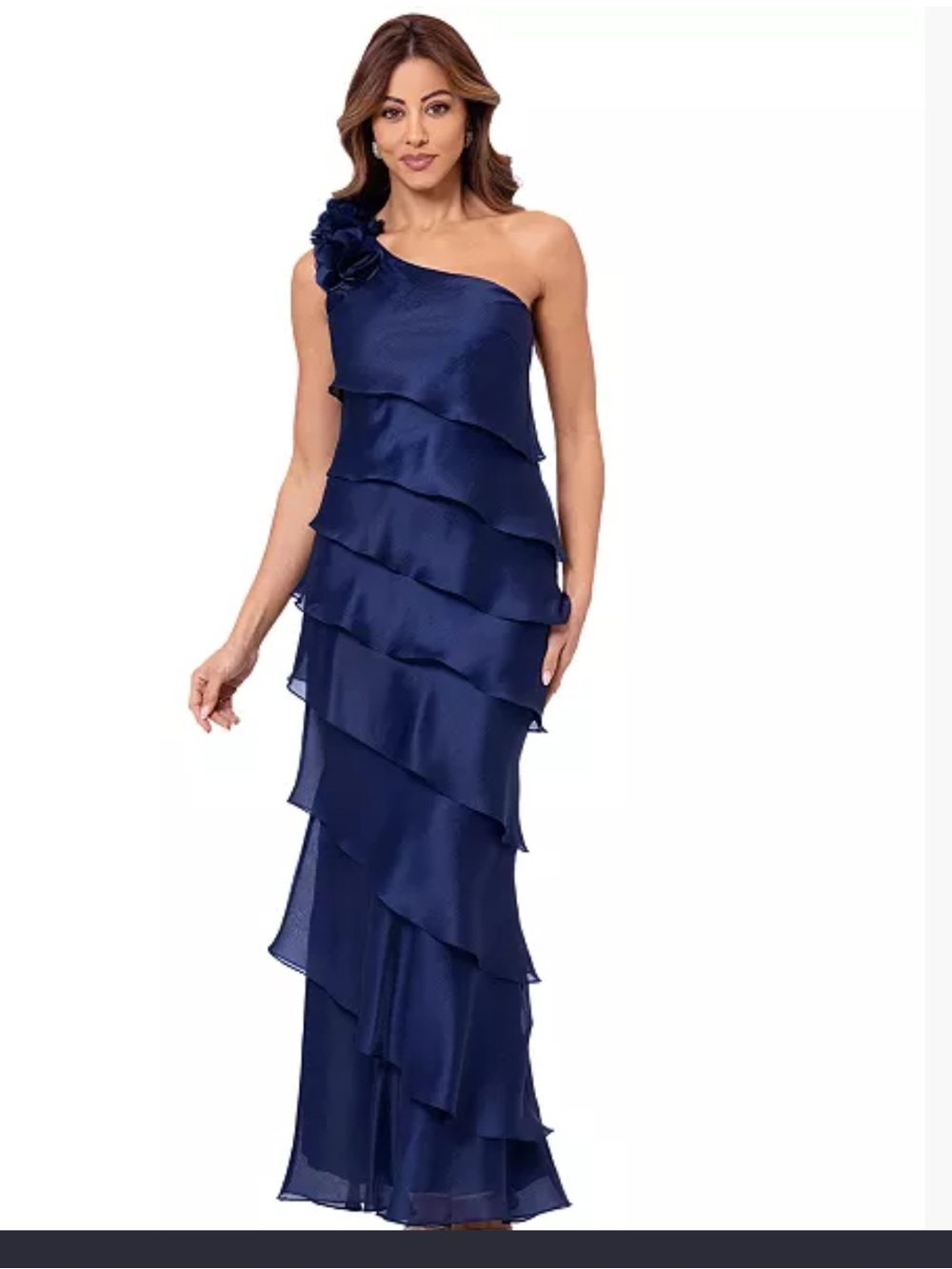 Xscape Navy One-Shoulder Tiered Chiffon Gown